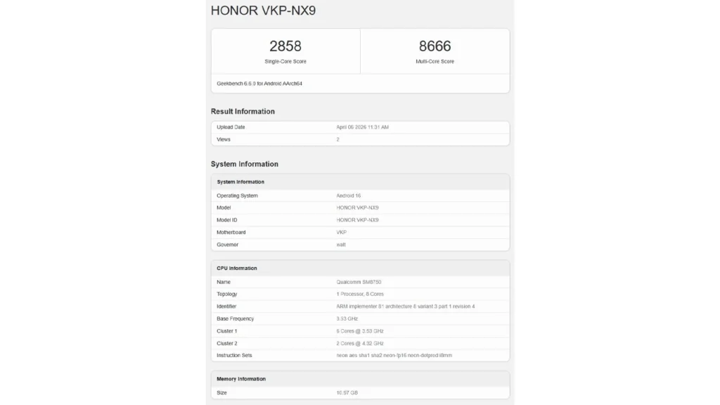 Honor 600 Pro নিয়ে নতুন তথ্য, Snapdragon 8 Elite ও Android 16 নিশ্চিত 2 Honor 600 Pro Geekbench listing